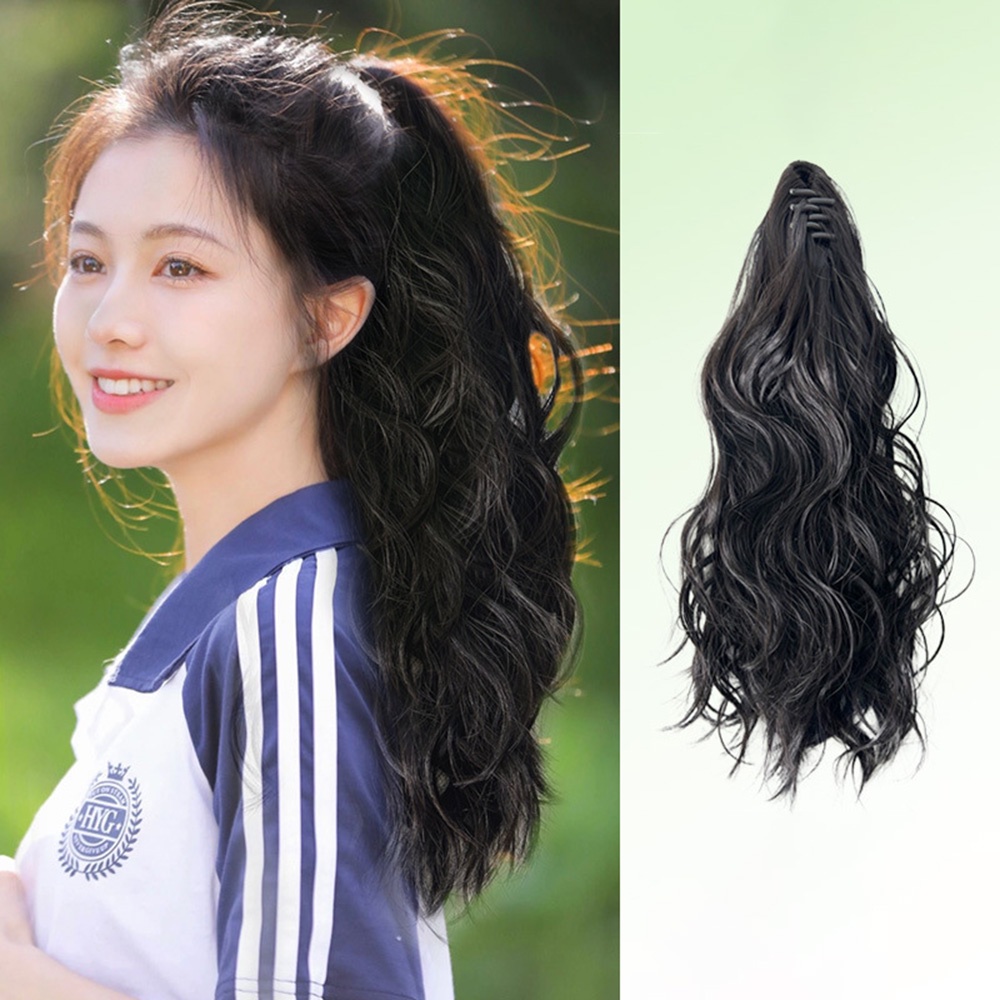 Berbulu Alami Keriting Cakar Klip Ponytail Wig Wanita Gadis Temperamen Tahan Panas Ekstensi Rambut Sintetis 35cm