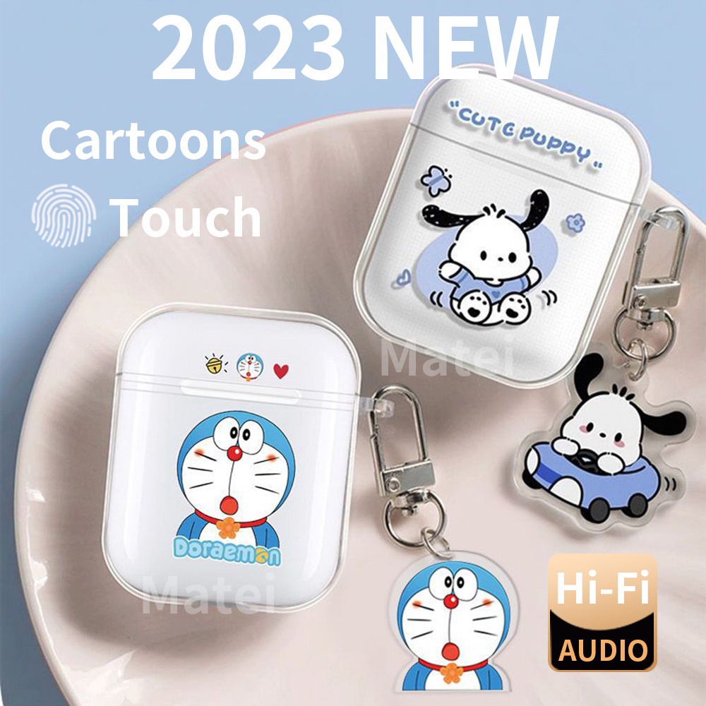 Matei Headset Bluetooth 5.0 Earphone TWS i12 Wireles Inpods Kartun Silicone Transparan Case doraemon