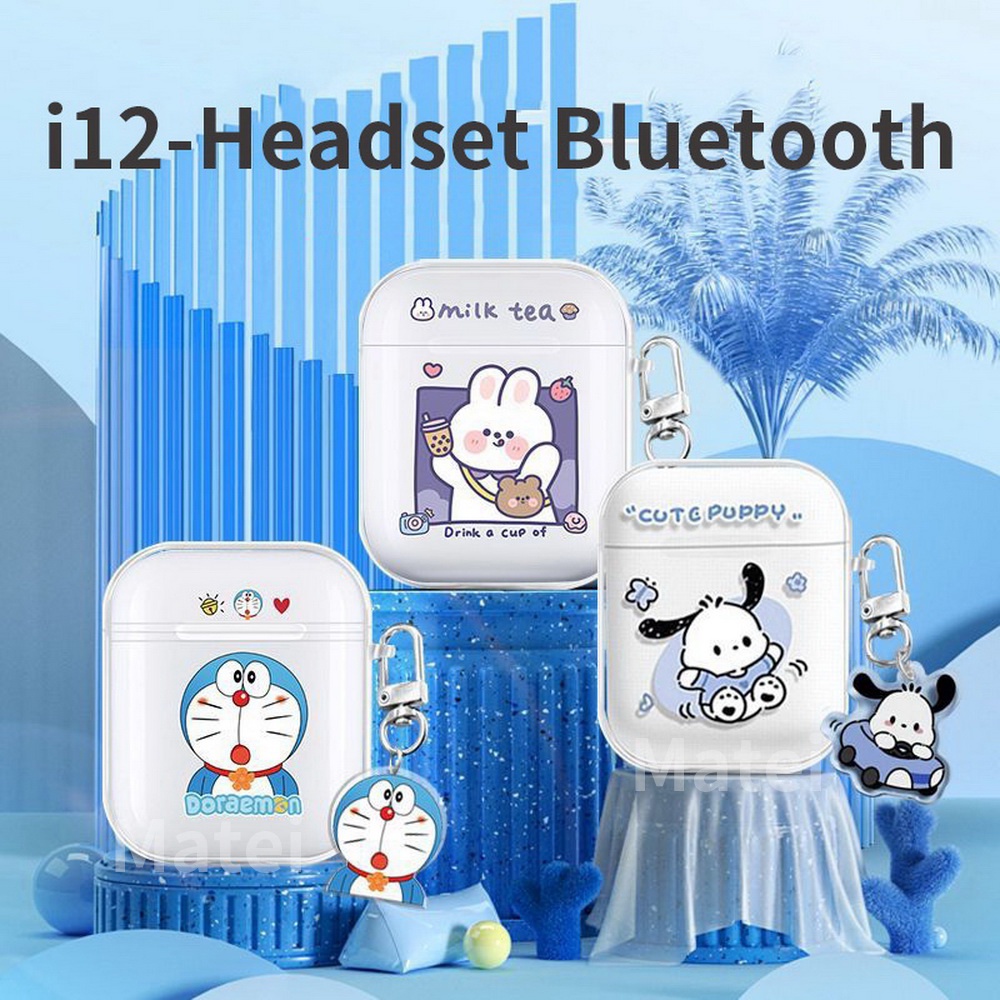 Matei Headset Bluetooth 5.0 Earphone TWS i12 Wireles Inpods Kartun Silicone Transparan Case doraemon