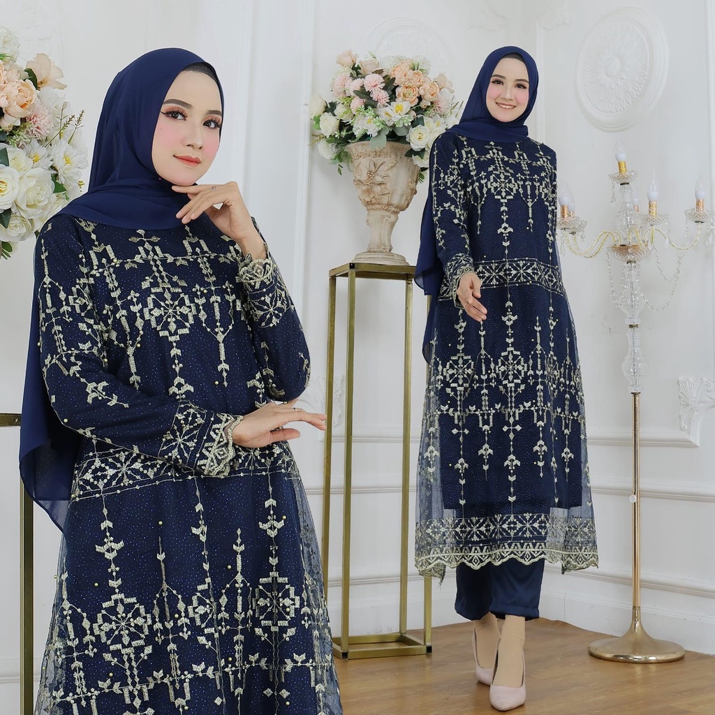 ELDE 9 - Set Aster ( L - XL - XXL ) Stelan Atasan Bahan Brukat Mutiara Premium Lapis Furing + Celana Bahan Moscrepe Pinggang Karet Keliling