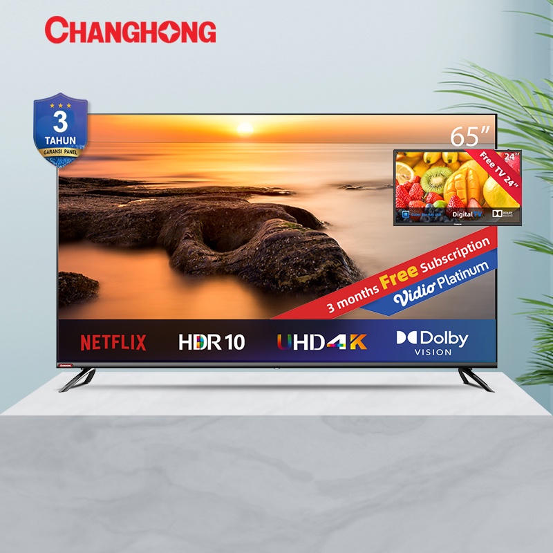 【BELI TV GRATIS TV】Google TV Changhong 65 Inch 4K  UHD Smart Digital LED TV-Google Assistant-UHD-Wifi-Netflix (Model: U65H7 Pro)