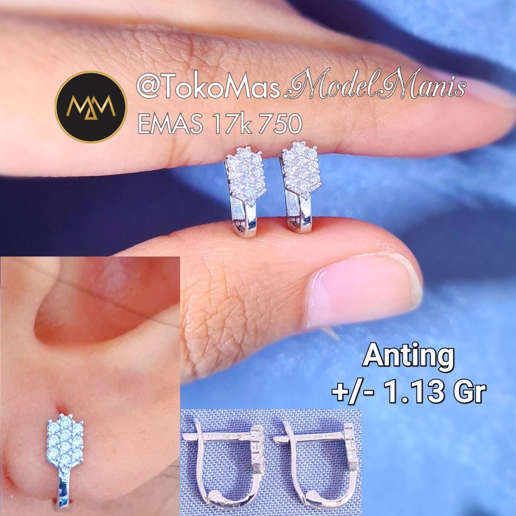 Anting jepit mata oval emas putih 750 kadar 17k