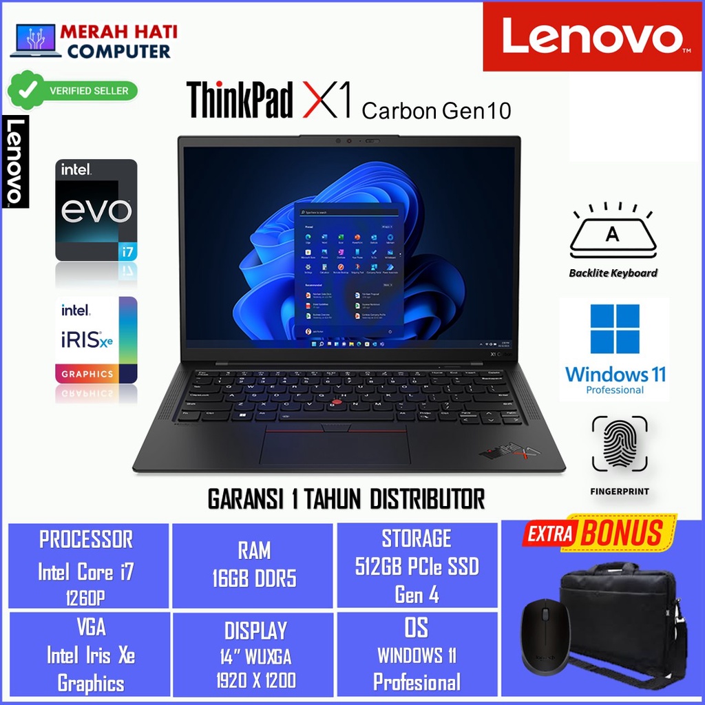 LAPTOP BISNIS LENOVO THINKPAD X1 CARBON INTEL I7 1260P 16GB DDR5 512GB IRIS XE 14WUXGA BL FP WINDOWS 11 PROFESSIONAL BLACK ORIGINAL