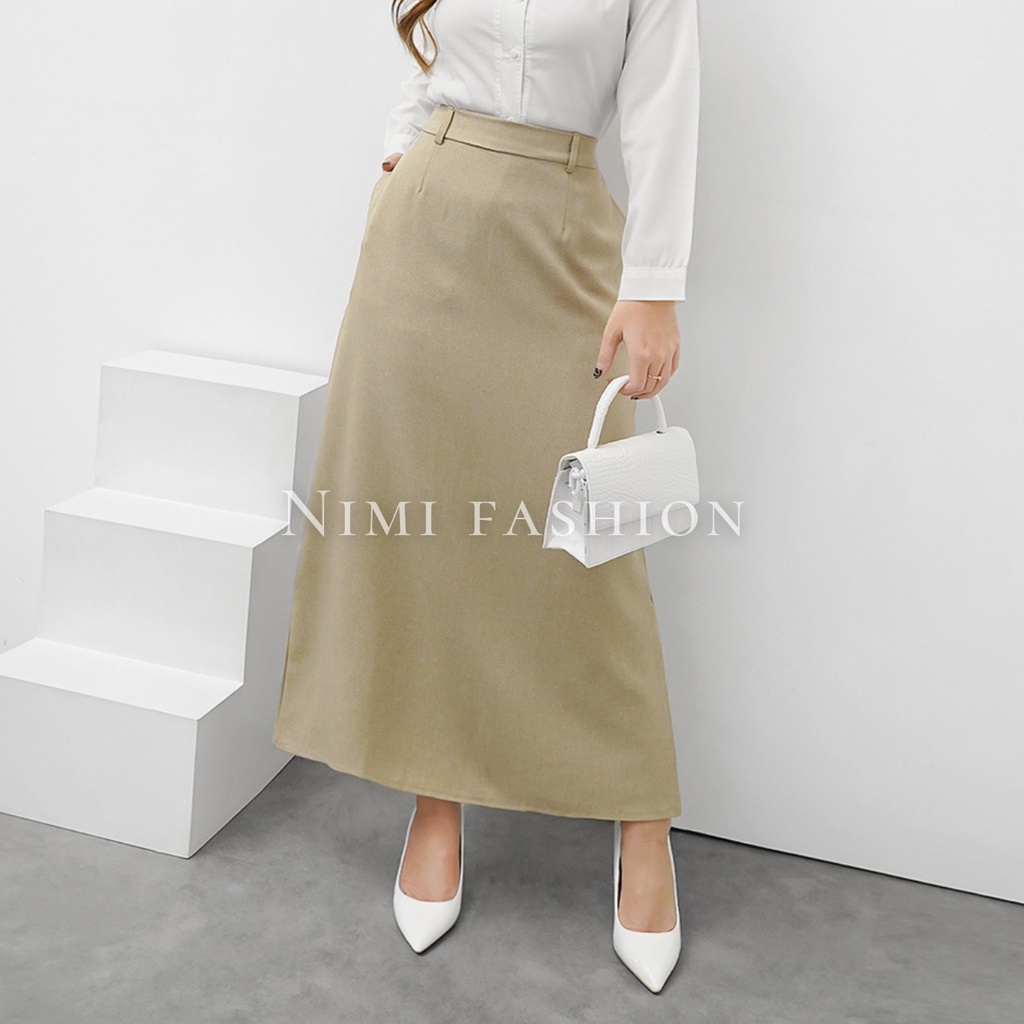 NIMI - Rok Kerja Wanita Panjang Rok A Line Formal Pinggang Karet Sisi Samping Kancing Kait Resleting Wanita