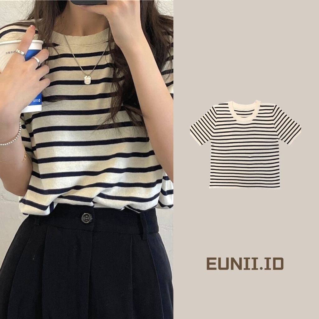 EUNII T-shirt Kaos Rajut Garis Lengan Pendek Kasual Korean Style Atasan Wanita