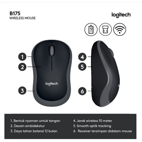 Mouse Wireless LOGITECH B175 - Black - ORIGINAL RESMI