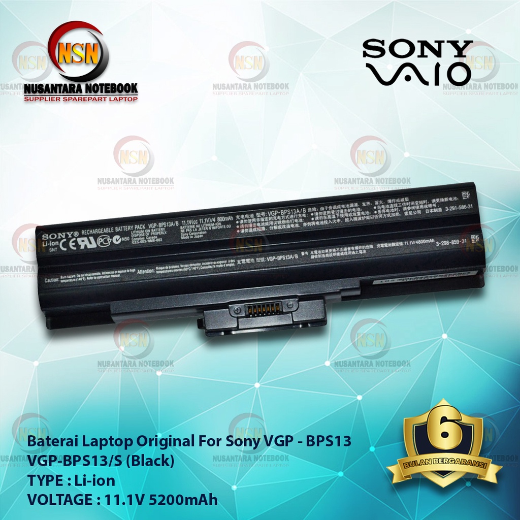 Baterai Original Sony VGP BPS13/B, VGP 13A/B Series Black 11.1V 5200mAh