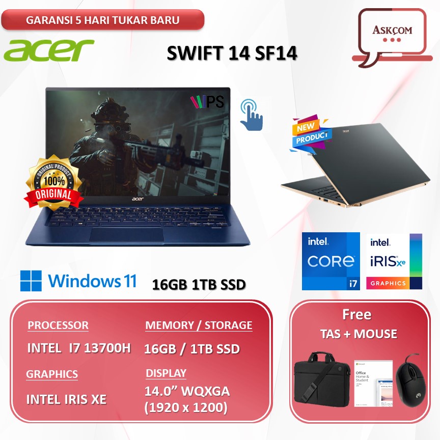 Laptop Acer Swift 14 SF14 Touch I7 13700H 16GB 1TB SSD IRISXE W11 OHS 14.0WQXGA