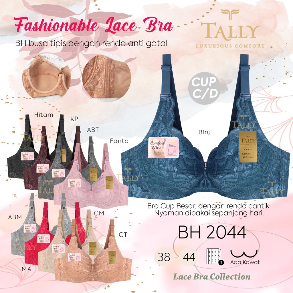 BH BRA 2044 TALLY - TALLY BRA BH 2044 I CUP C I ADA KAWAT I BUSA SANGAT TIPIS I BAHAN RENDA HALUS I KAIT 3 I SIZE 38 - 44