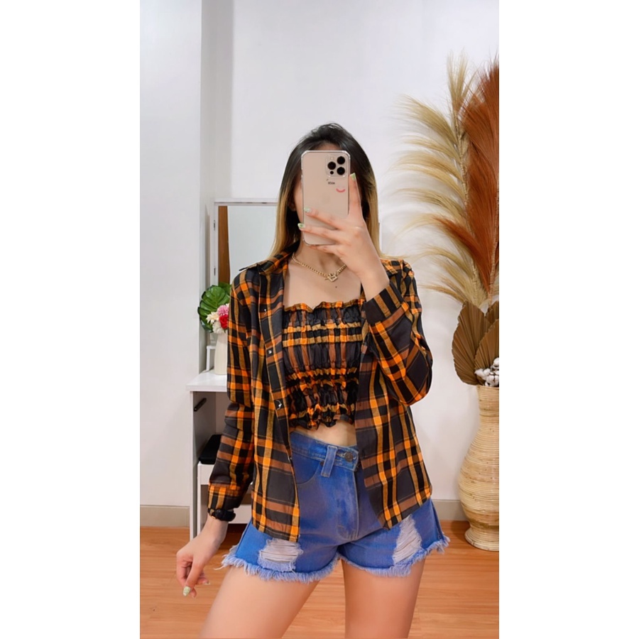 Kemeja kotak kotak wanita two in one - Mape set murah