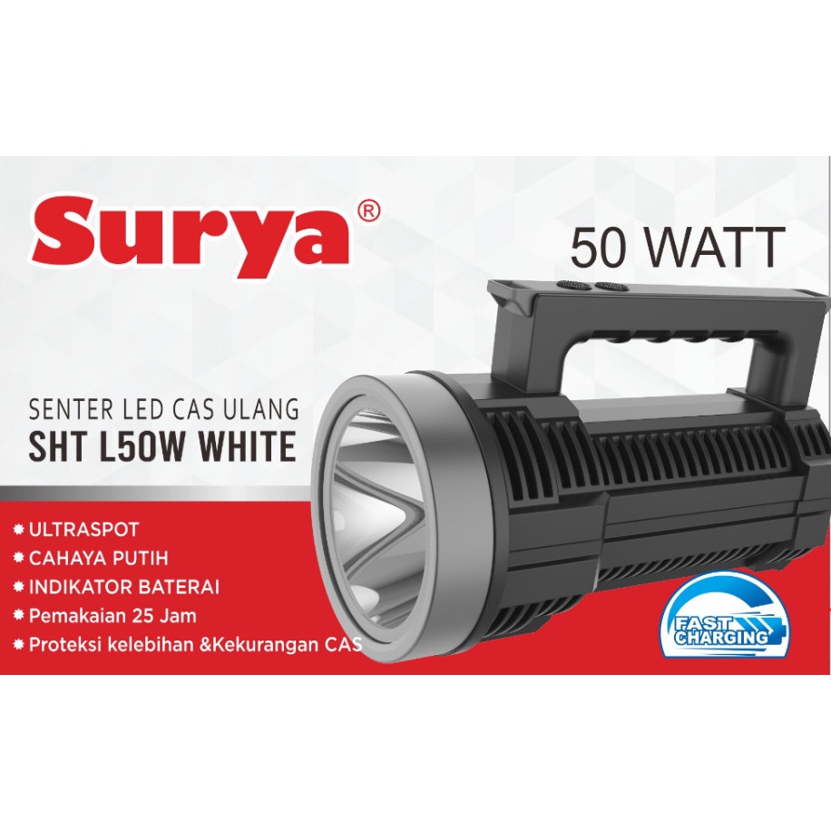 Surya Senter tangan LED Super Terang SHT L50W LAMPU PUTIH Rechargeable Tahan Hingga 25 Jam