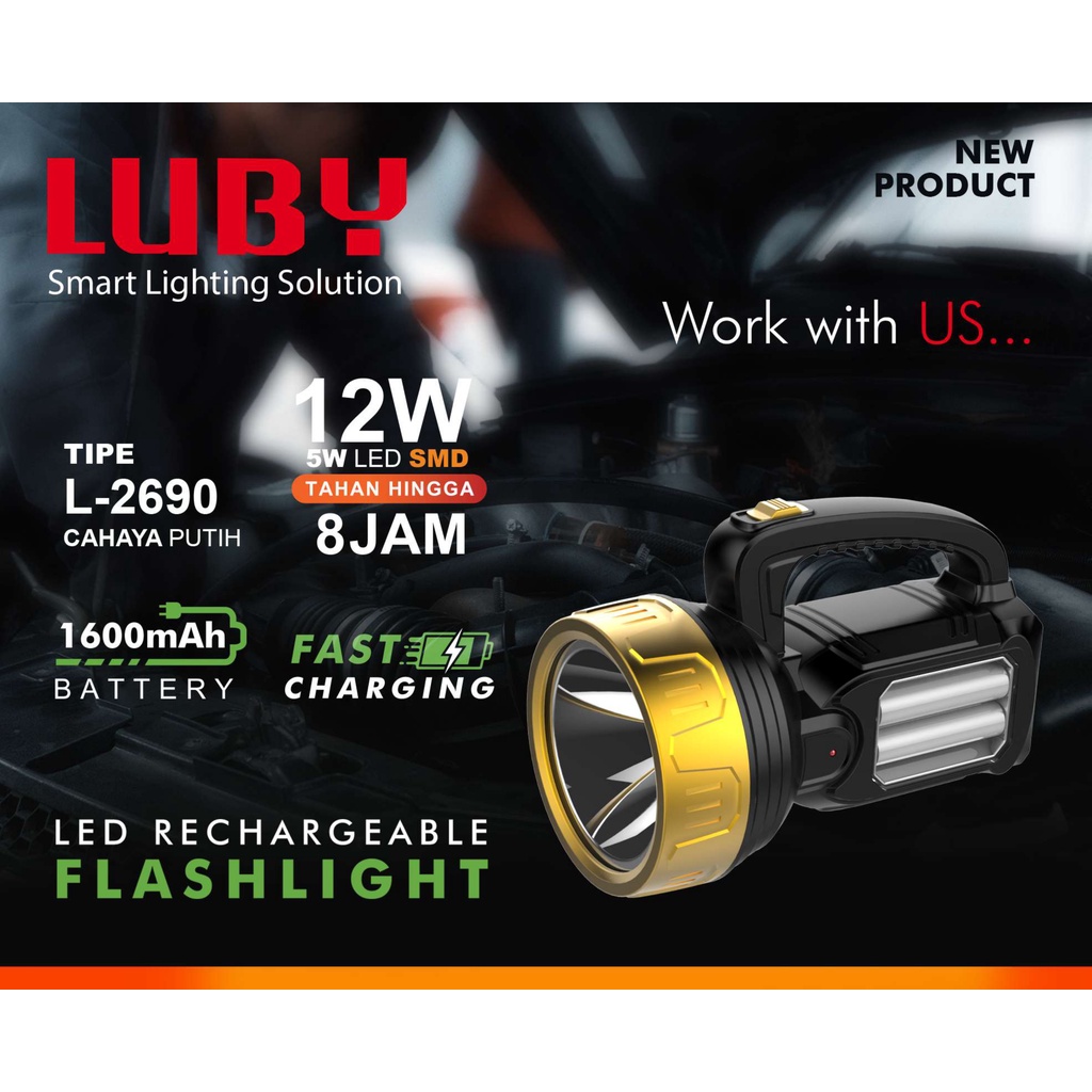 Luby Senter LED Super Terang 2 in 1 FAST CHARGING L-2690 LED 12 Watt + Light LED 5W SMD PUTIH Rechargeable