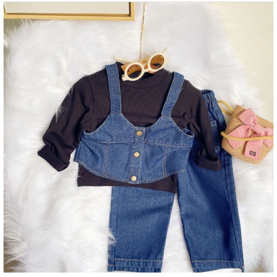 SET ANAK CEWEK ROMPI JEANS 3 IN 1 KULOT + CELANA SIZE 100-140 ROMPI SET 3 IN 1-DALAMAN HITAM