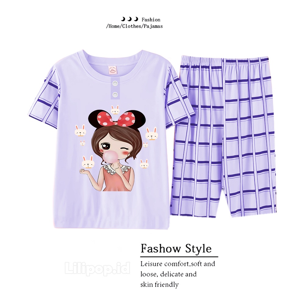 Lilipop.id  Baju Tidur Wanita 3/4  ALL SIZE STANDAR Setelan Piyama BabyDoll Kaos Celana Pendek