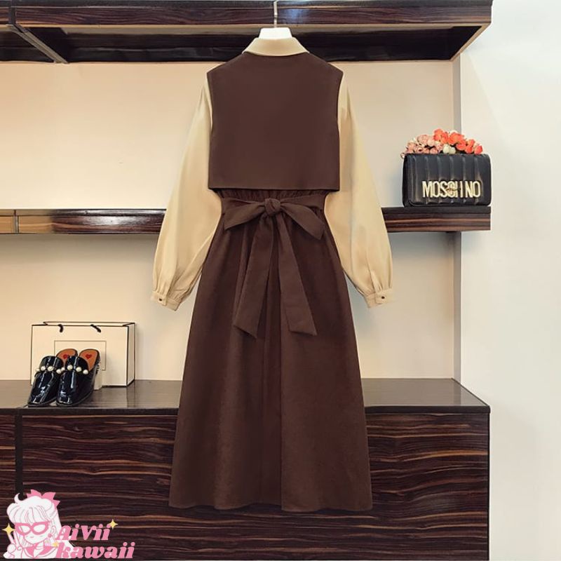 MIDI DRESS KOREA RETRO BROWN