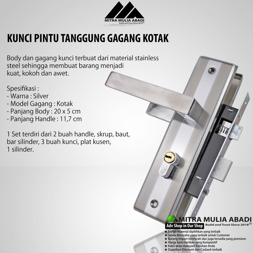 Kunci Pintu Top M-Class Set Komplit Silver | 20CM | Gagang Kotak | kunci pintu sedang top m-class | kunci pintu gagang kotak komplit 20 cm