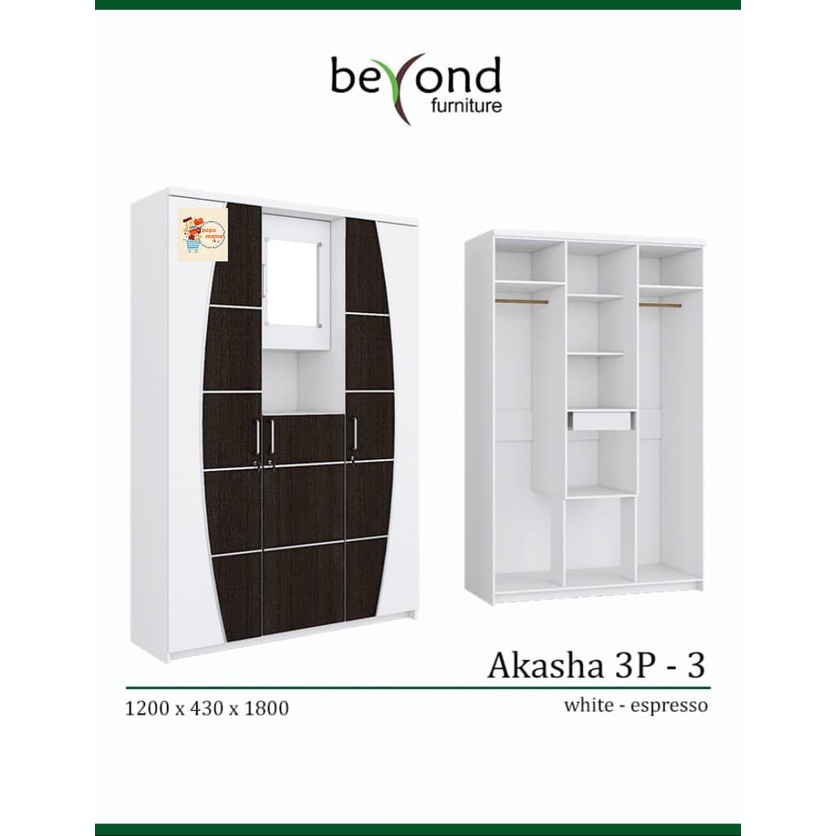 Lemari Pakaian 3 Pintu Gamis Uk 120cm Akasha - Lemari Baju Cermin Masuk Rak Tempat Bedak - Medan
