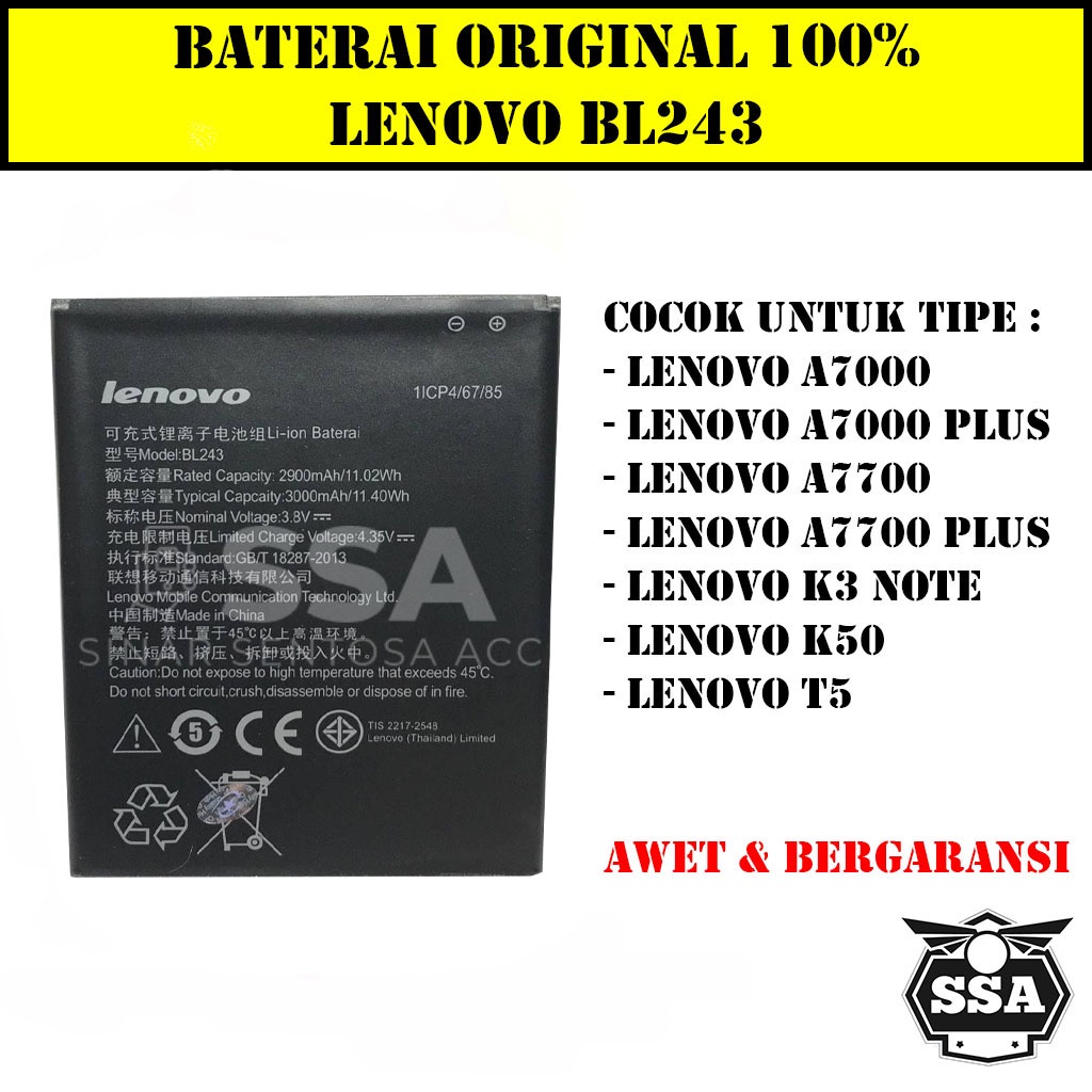 Baterai Original 100% Lenovo BL243 A7000 A7000+ A7700 A7700+ K3 NOTE K50 T5 A7000 PLUS A7700 PLUS Original 100%