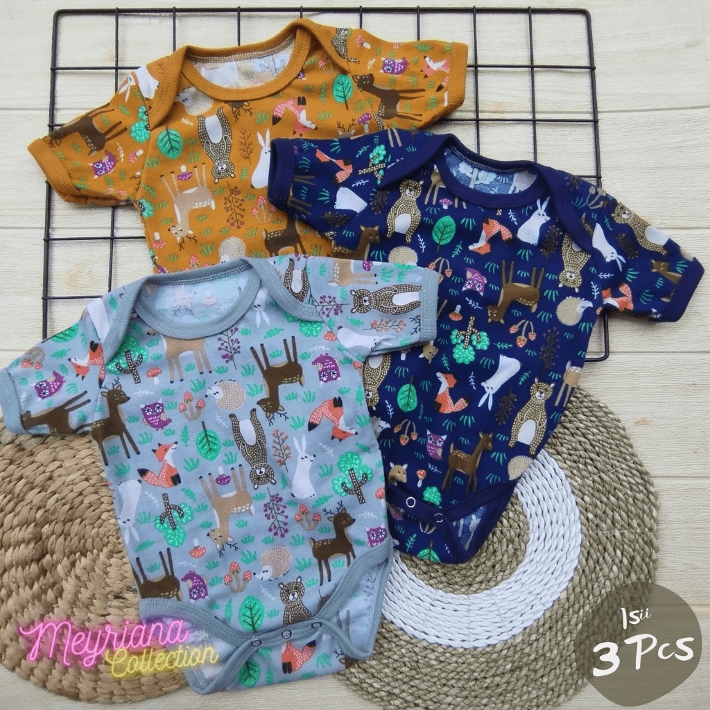 3 PCS Jumper Bayi Baru Lahir Kaki Motif Printing Animals Zoo Usia 0-6 Bulan Meyriana Collection