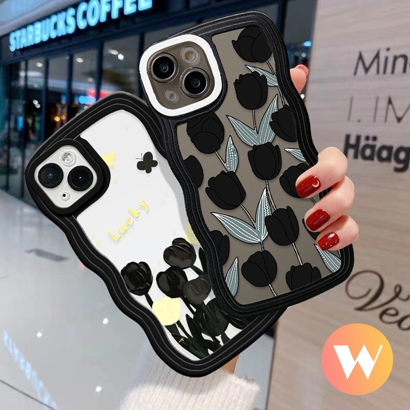 IPHONE Casing Bunga Tepi Bergelombang Kompatibel Untuk Iphone11 13 12 14 Pro Max XR 7Plus XS Max X7 8 6 6s 14 Plus SE 2020 Soft Tpu Tulip Daun Hijau Silikon Phone Cover