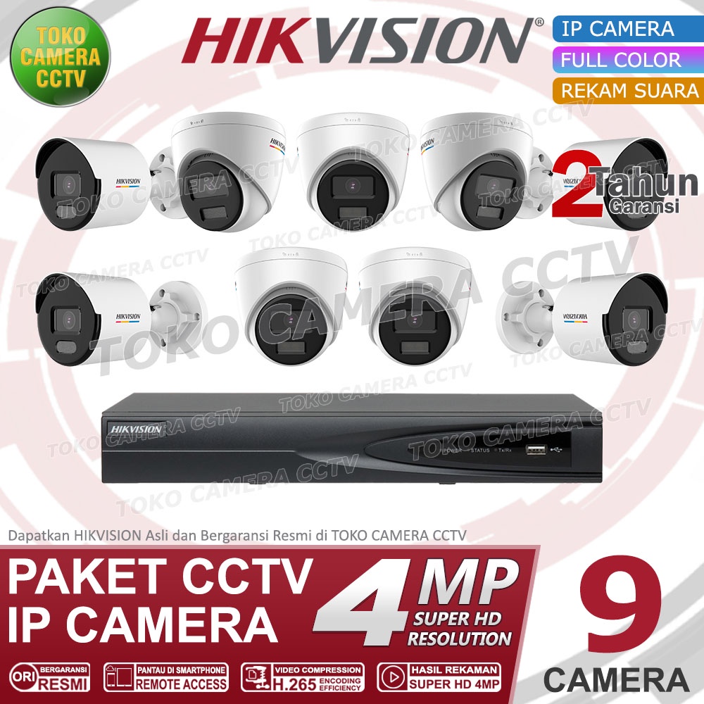 PAKET CCTV IP CAMERA HIKVISION 4MP COLORVU AUDIO 16 CHANNEL 9 KAMERA