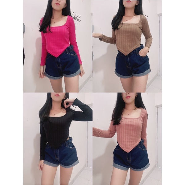 Croptop wanita lengan panjang | malika croptop | croptop leher squareneck lengan panjang lancip bawah || atasan crop leher kotak | croptop korean fashion wanita | aquarius boutique89 grosir