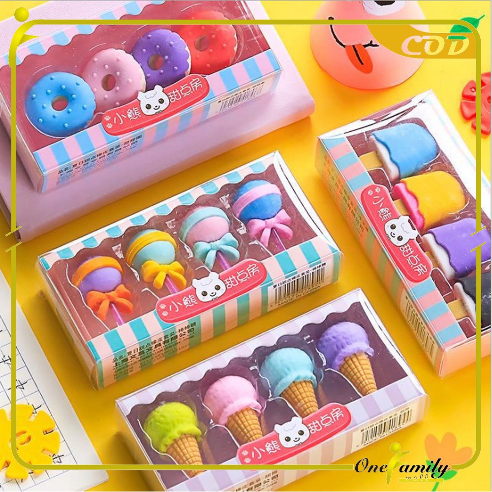 ONE-A53 Penghapus Pensil Set 4IN1 Motif Lolipop / Alat Tulis Penghapus Lucu Isi 4pcs Karakter Donat Eraser Ice Cream Import