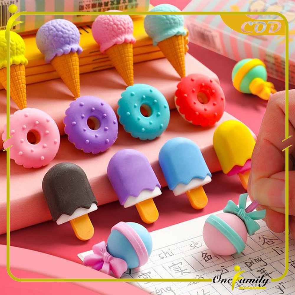 ONE-A53 Penghapus Pensil Set 4IN1 Motif Lolipop / Alat Tulis Penghapus Lucu Isi 4pcs Karakter Donat Eraser Ice Cream Import