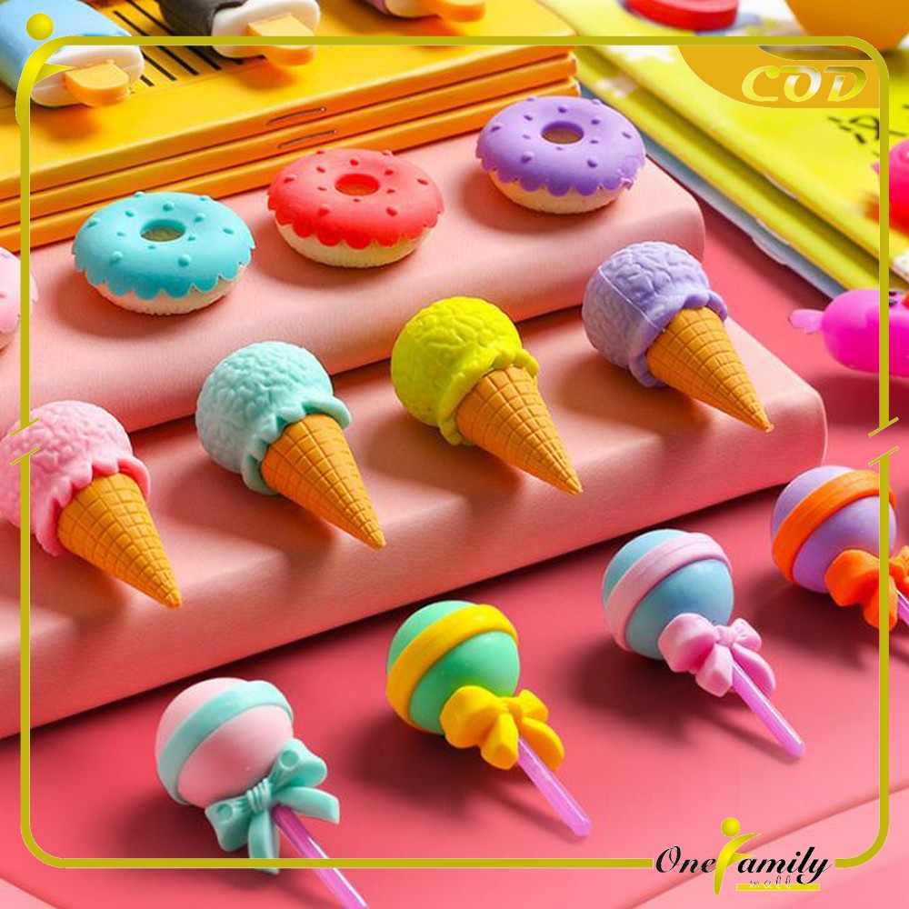 ONE-A53 Penghapus Pensil Set 4IN1 Motif Lolipop / Alat Tulis Penghapus Lucu Isi 4pcs Karakter Donat Eraser Ice Cream Import