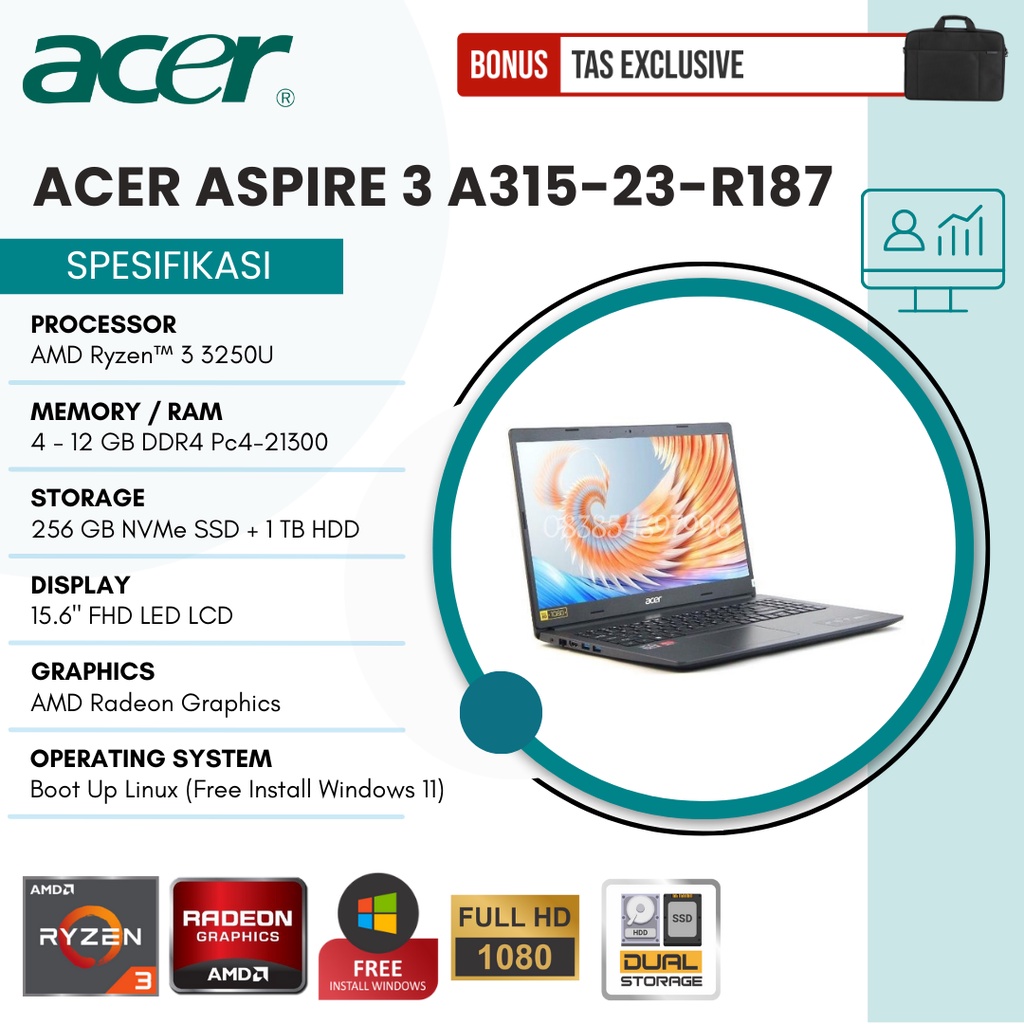 LAPTOP BISNIS EDITING DAN GAMING ACER ASPIRE SLIM A315-23-R187 RAM 12GB SSD 256GB + HDD 1TB 15.6&quot; FHD AMD RADEON BERGARANSI