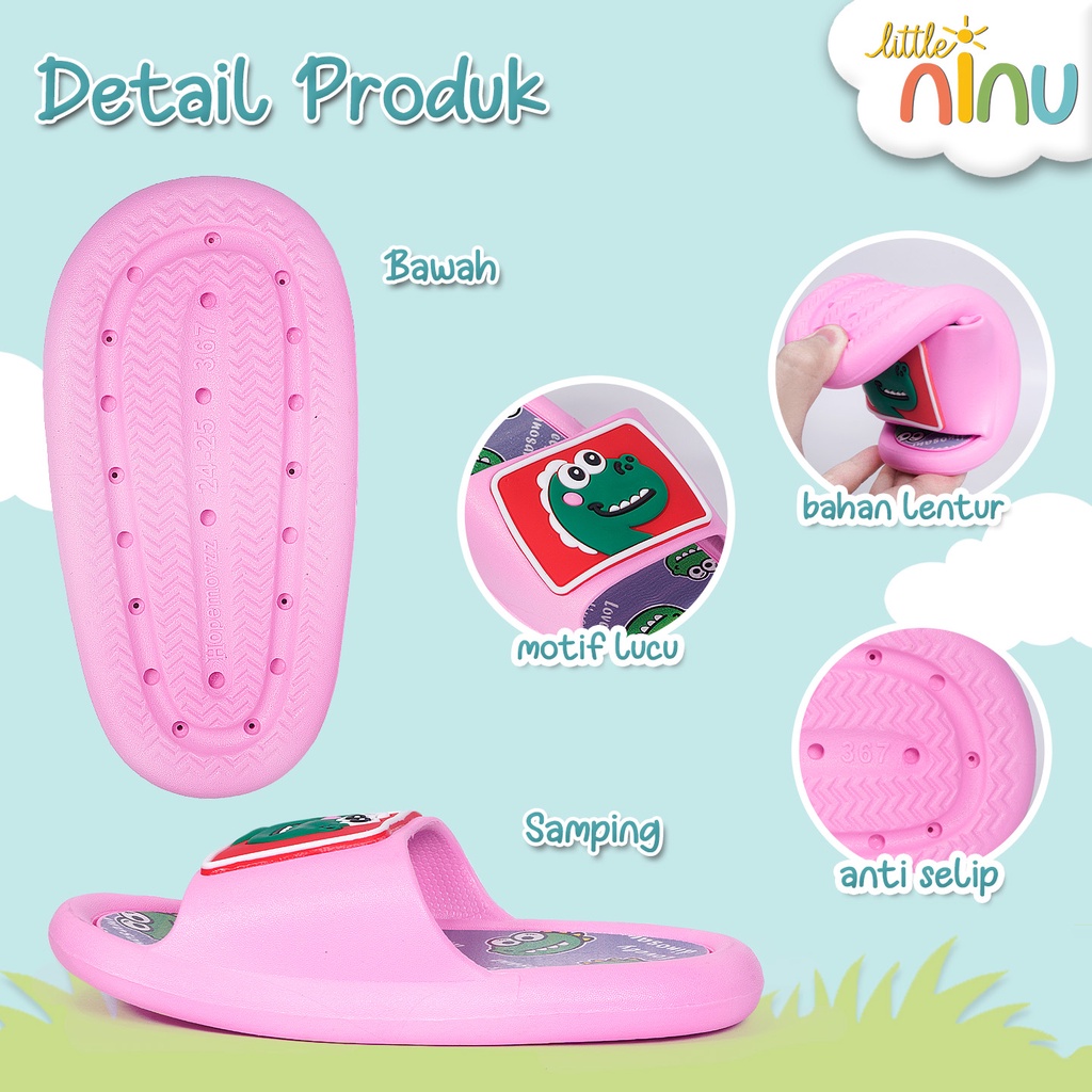 LITTLE NINU Sandal Jelly Anak Slip On Slipper Karakter Dinosaurus