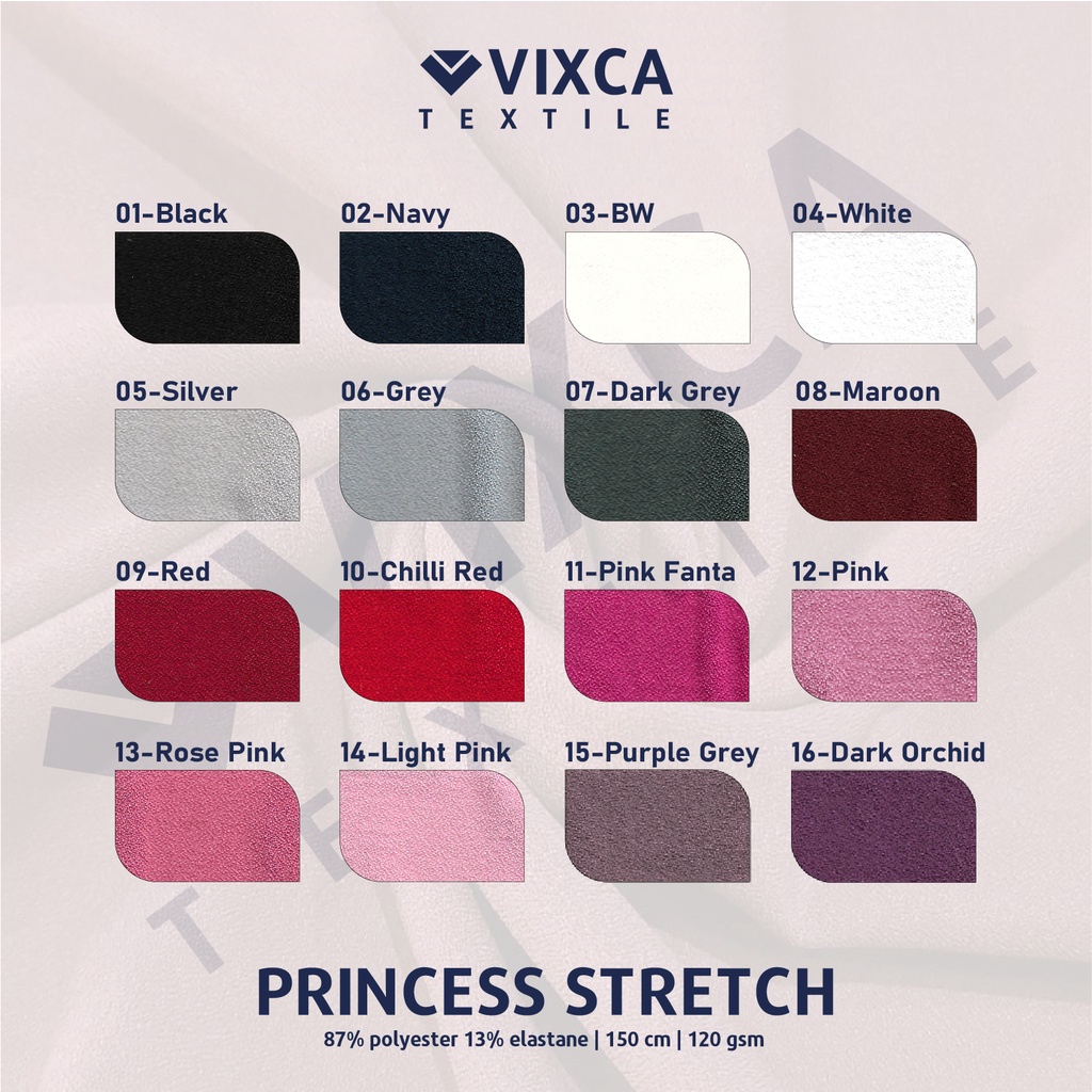 [PER 0,5 M] Kain Bahan Princess Stretch Lebar 150 cm Lady Zara Crepe Creape Premium Polos Polosan ECER 1/2 METER METERAN 50 CM CENTIMETER