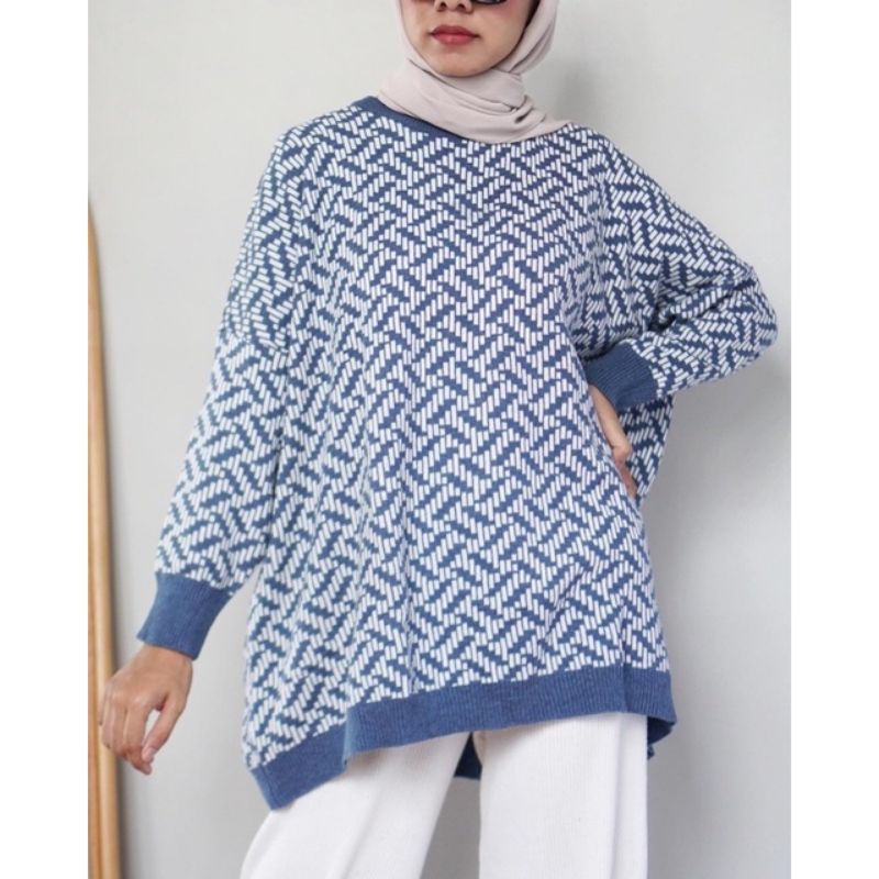 Mery Garis Blouse Knit Top Atasan Rajut Oversize