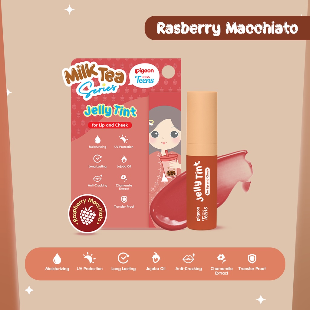 PIGEON Teens Jelly Tint Milk Tea Series Indonesia / Lip Tint 2.2g / For Lips and Cheek / Moisturizing UV Protection Long Lasting Cracking Transfer Proof / Caramel Hazelnut Raspberry Cranberry Kiss / Lipstick Lipstik Cream Matte Liptin Cosmetic Anak Remaja