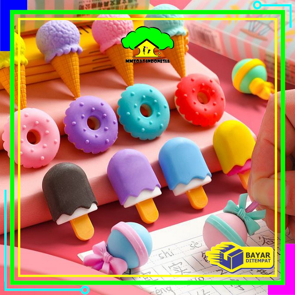 MI-A53 Penghapus Pensil Set 4IN1 Motif Lolipop / Alat Tulis Penghapus Lucu Isi 4pcs Karakter Donat Eraser Ice Cream Import