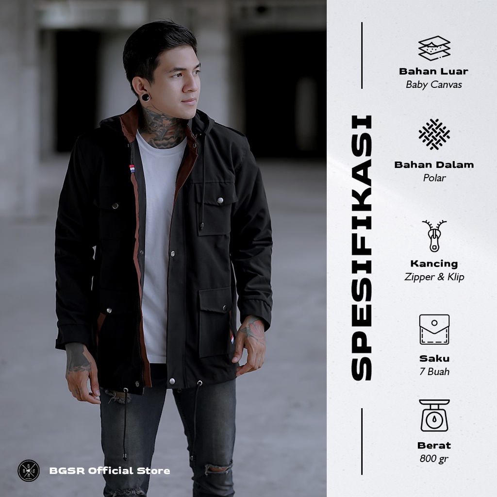 Jaket Parka Hoodie Hitam Pria List Brown Casual Jacket Saku Dalam BGSR