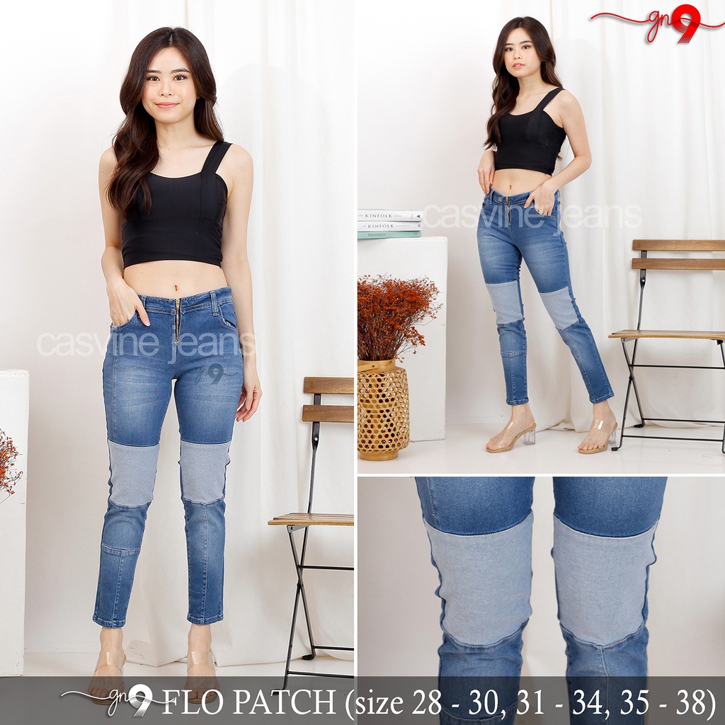 CELANA JEANS WANITA FLO PATCH ADA BIGSIZE JUMBO TANPA KANCING MOM JEANS