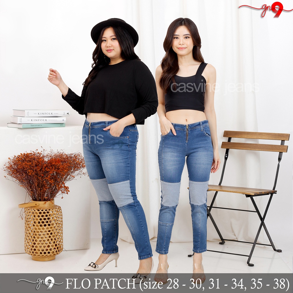 CELANA JEANS WANITA FLO PATCH ADA BIGSIZE JUMBO TANPA KANCING MOM JEANS