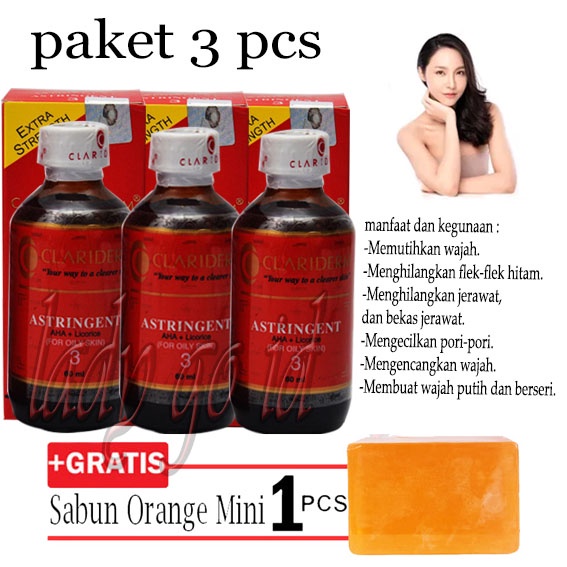 Promo 3 Pcs Toner Claridem / Toner klaridem Astringent No 3 Original / Toner Clariderm Pembersih Wajah Gratis 1 Pcs Sabun Orange Mini