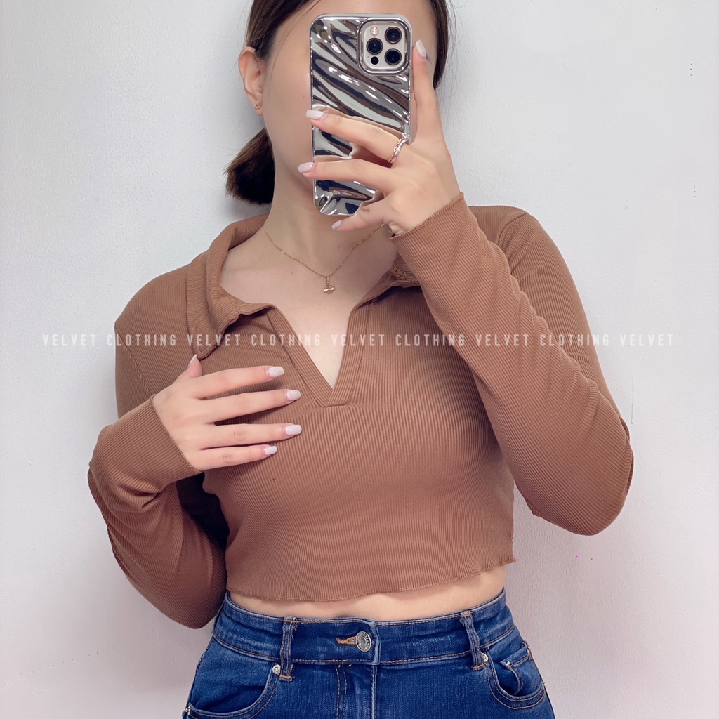 Crop Top Rib Lengan Panjang / Crop Top Long Sleeve Rib / Crop Top Kerah Lengan Panjang Wanita 4554