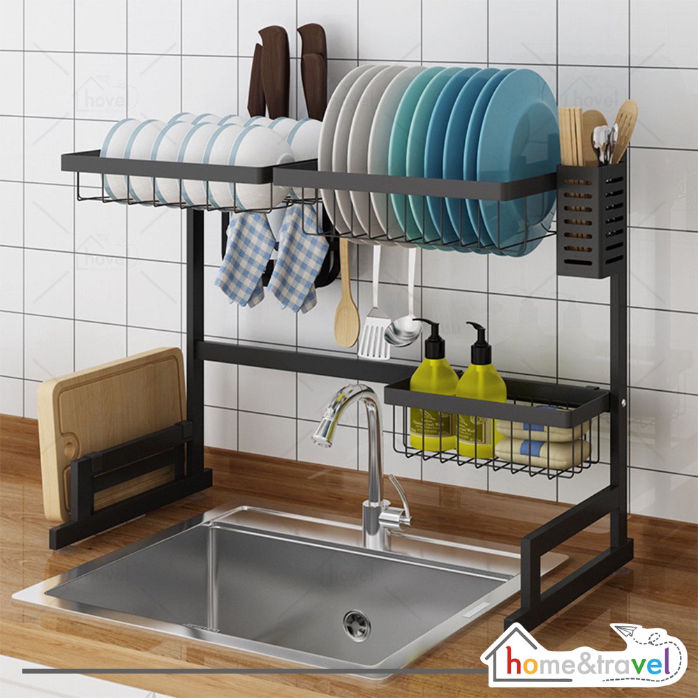 HOVELSHOP Rak Piring Dapur Wastafel Stainless Hitam 2 Susun Pakai Tutup 65cm Premium Anti Karat