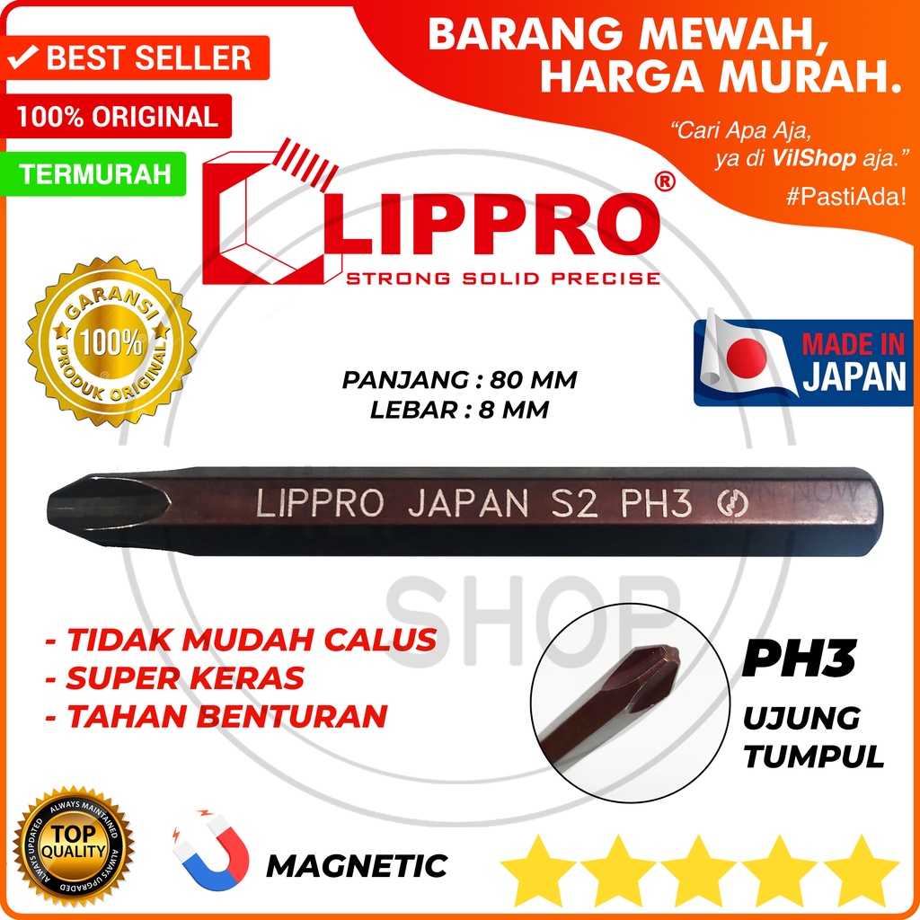 MATA OBENG KETOK PH3 TUMPUL + LIPPRO ASLI JAPAN BAJA S2 JEPANG / IMPACT DRIVER BITS BIT 8 MM 80 MM P