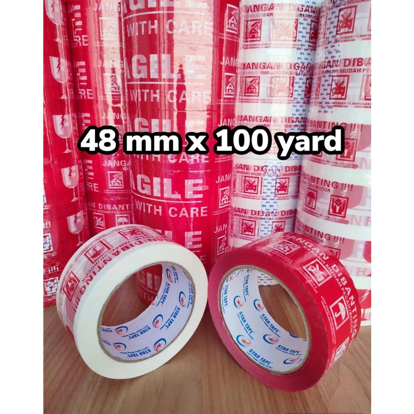 

Lakban FRAGILE 100 YARD x 2” / 48 MM MERAH / PUTIH Tebal Murah