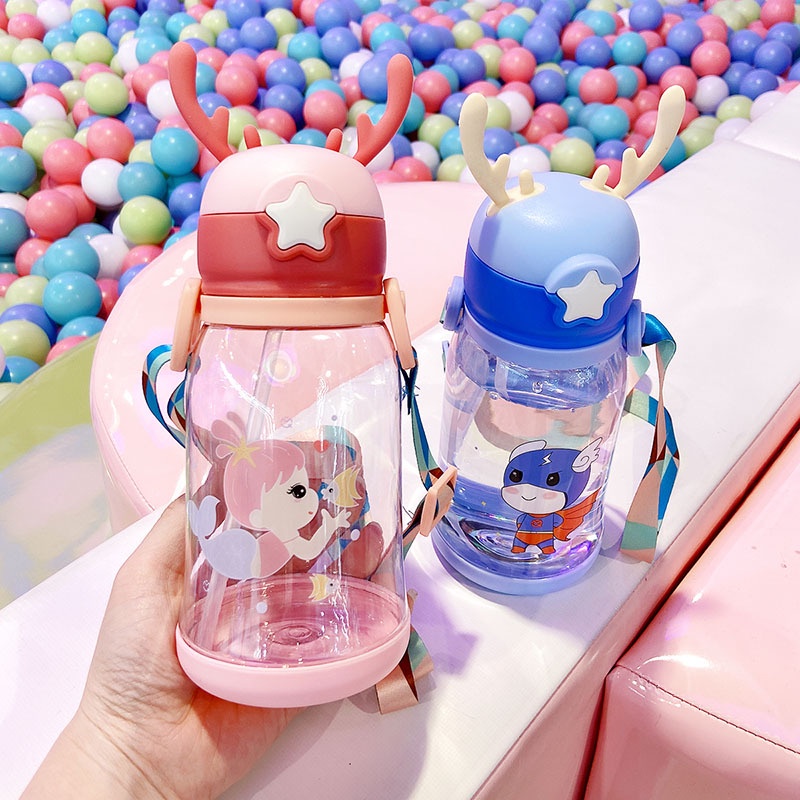 SS Botol Minum Anak Karakter Kartun Botol Air Minum Anak Sedotan 610ml Model Tanduk Rusa Lucu Free Tali Panjang Dan Sticker Karakter Unik Botol Minum Sekolah Lucu Viral