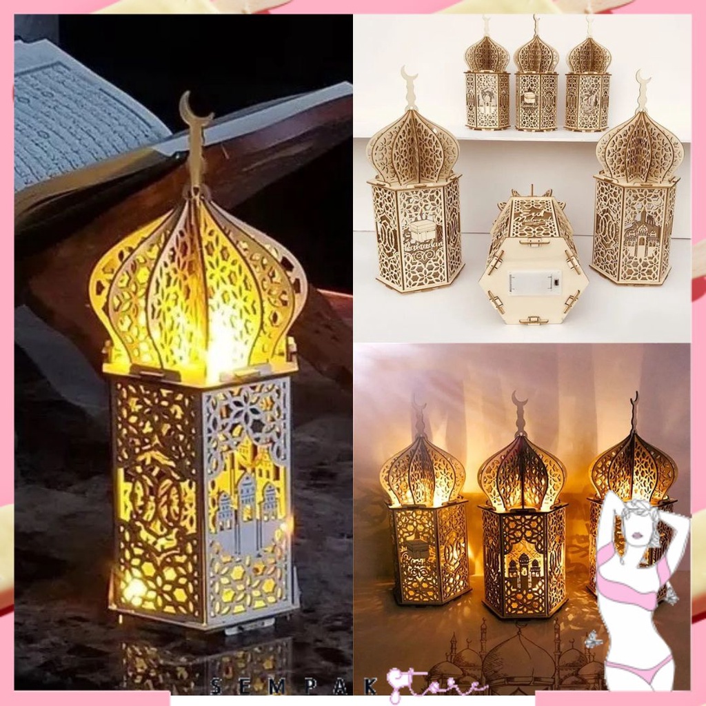 SS Lampu Lentera LED Bentuk Masjid Dekorasi Hiasan Ramadhan Lamp Lattern Bahan Kayu DIY Led