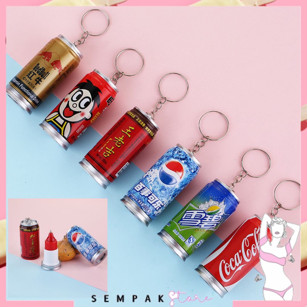 SS Gantungan Kunci Minuman Kaleng 2 IN 1 Pena Bentuk Minuman Pulpen Botol Minuman Gantungan Keychain Murah