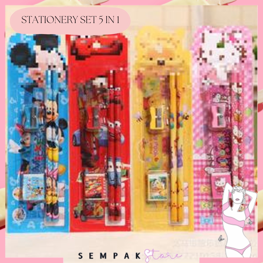 SS Stationery Set 5 in 1 Alat Tulis Anak Sekolah Penghapus penggaris Pensil Serutan Karakter Lucu