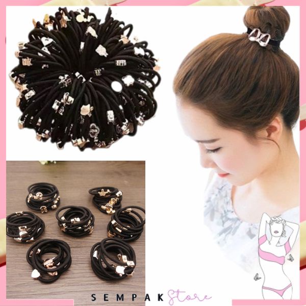 SS IKAT RAMBUT KARET WANITA KOREA KARET SIMPLE ELEGAN KARET IKAT WARNA HITAM ISI 50 PCS