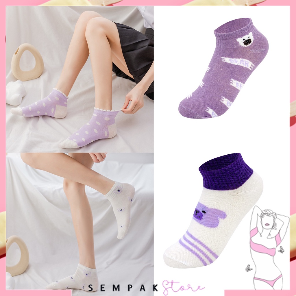 Kaos Kaki Wanita Motif Beruang Ungu 6584 Kaos Kaki Pendek Fashion Korean Unisex Semata Kaki Purple Bear Socks Import Ankle Socks Korean Model Simple