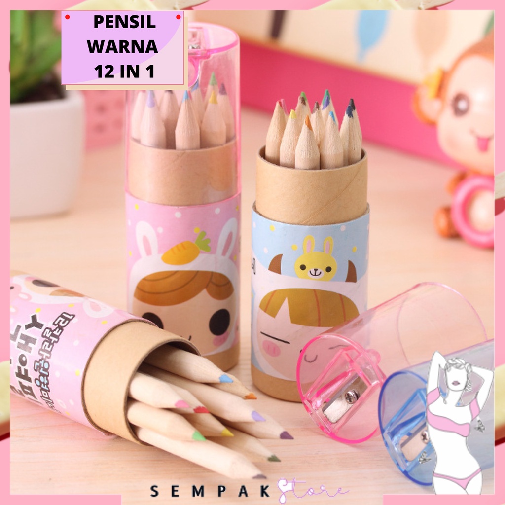 SS Pensil Warna 12 IN 1 + Serutan Pensil Color Pencils Quality Pensil Warna Karakter Kemasan Tabung Murah Import